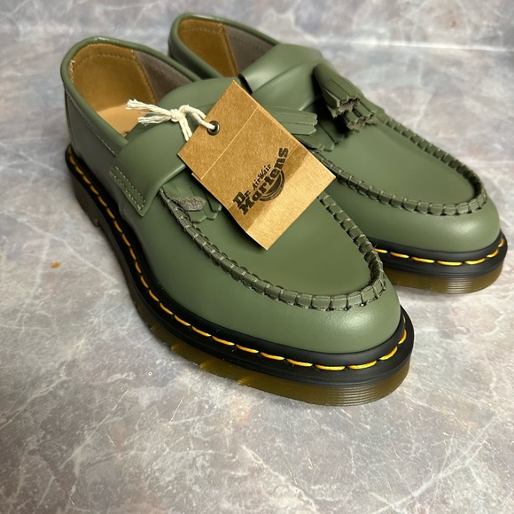Dr Martens Docs Adrian Yellow Stitch Leather Tassel Loafers Khaki Green - Picture 3 of 6